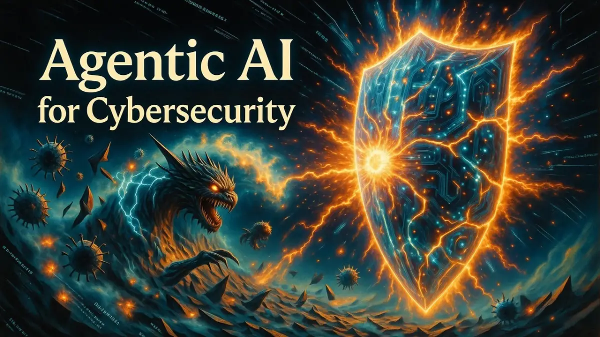 Dramatic visualization of agentic AI for cybersecurity blocking intense hacker attacks in a vibrant digital battlefield.
