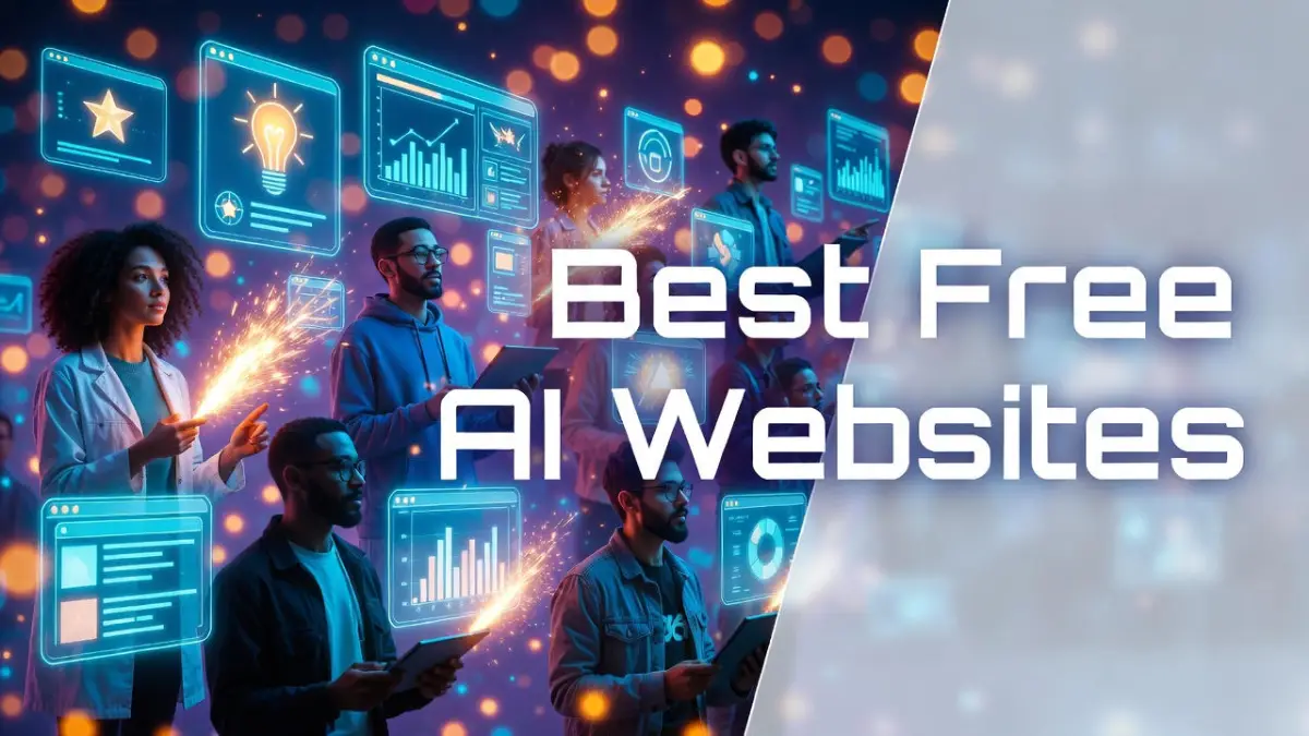 Futuristic cover for best free AI websites guide with dynamic AI interactions and bold title.