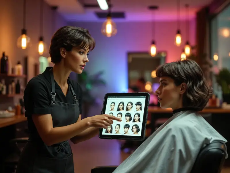Hairstylist and client reviewing AI haircut generator results together in salon