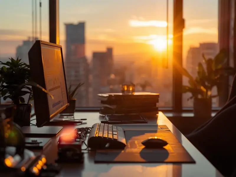 Realistic office scene at dusk showing everyday tools of jobs that AI will replace, with subtle digital takeover in the background