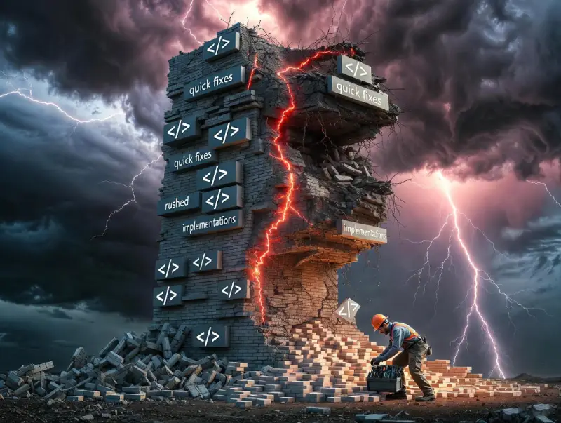Visual metaphor of accumulating technical debt threatening unstable AI-driven projects without human oversight in AI software engineering.