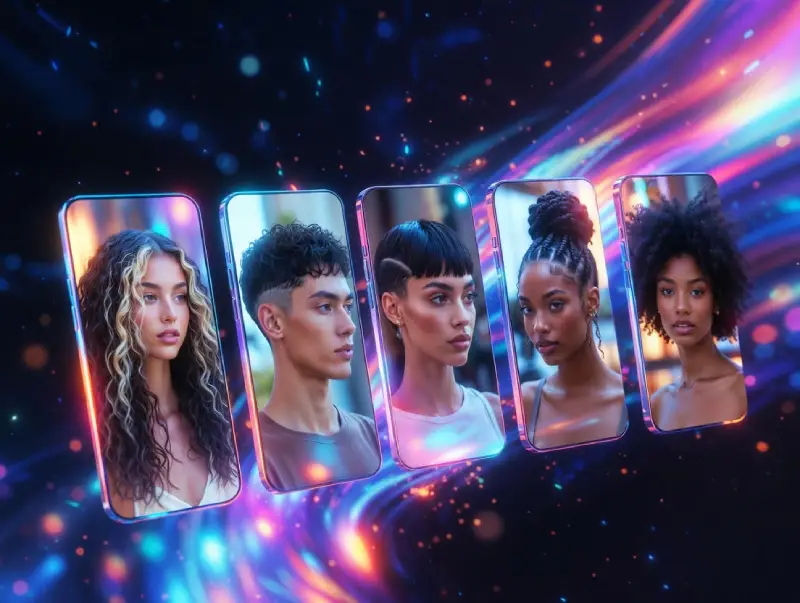 Top 5 AI haircut generators displayed on glowing screens with diverse virtual hairstyles
