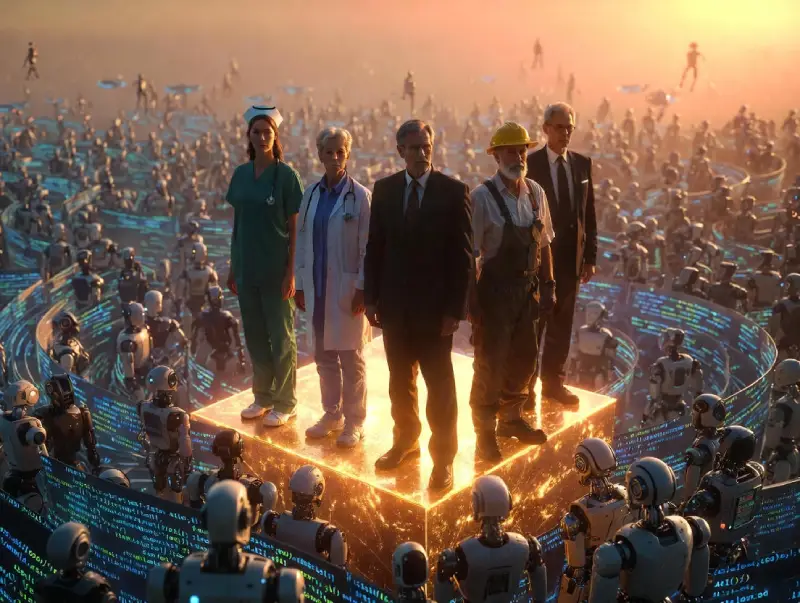 Resilient human professionals in AI-proof jobs standing strong above automation chaos