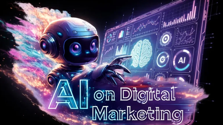 Cinematic cover with expressive robot exploring AI tools for marketing in bold vibrant tones.