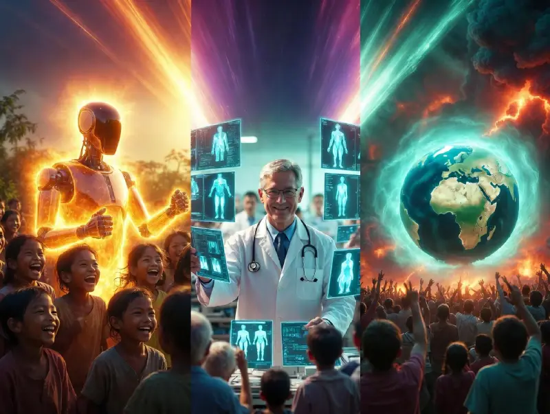 Dynamic visuals of AI for social impact powering education, healthcare, and climate action with vibrant energy.