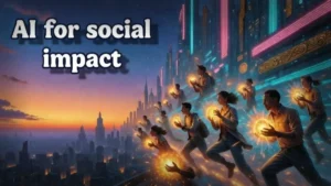 Epic cover for AI for social impact article showing AI transforming society in 2026 with vibrant global unity.