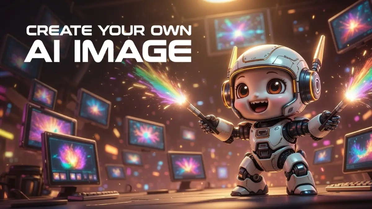 Create your own AI image generator – vibrant futuristic tutorial cover with cute robot creator