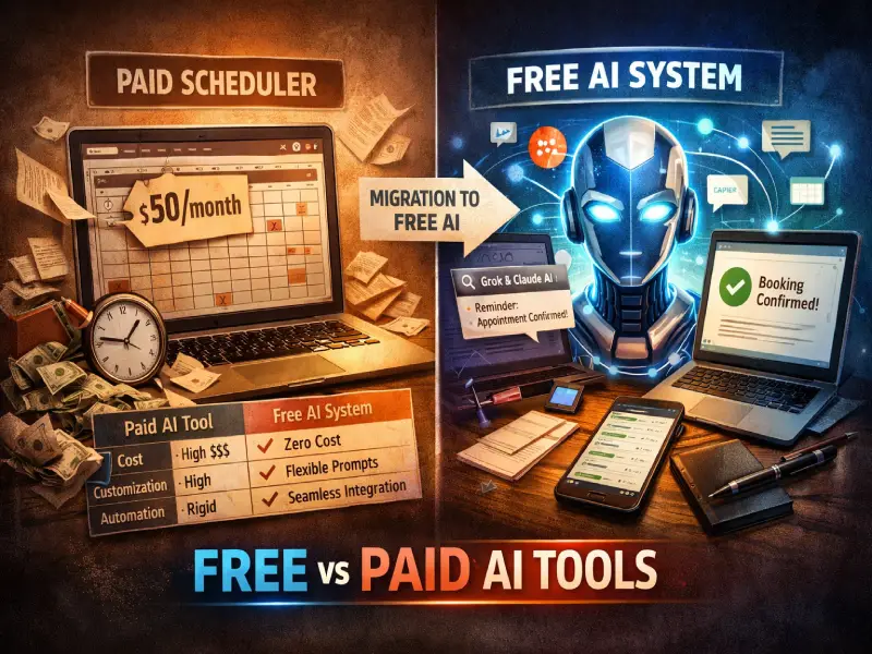 Comparison of paid salon scheduling software versus a free AI workflow using Grok, Claude, and Zapier, showing reduced costs, fewer no-shows, and automated booking confirmations