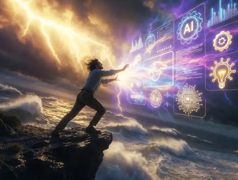 Dynamic scene showing the great shift in digital marketing powered by AI tools for marketin
