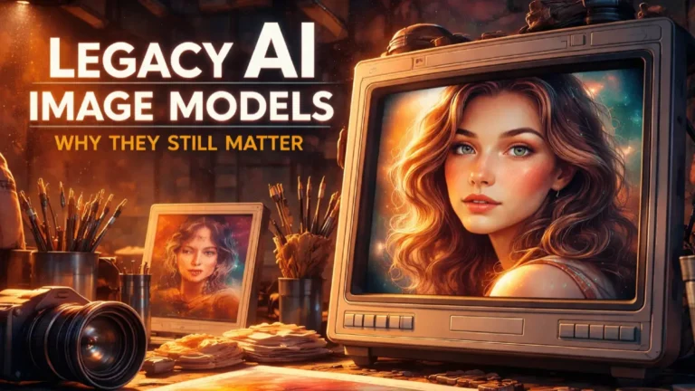 Cinematic AI artwork showing images being generated by legacy model with retro visual style and artistic depth