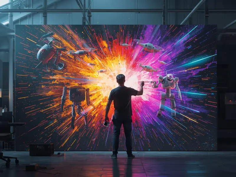 Artist commanding legacy AI models on canvas in a colorful, action-packed cinematic scene.