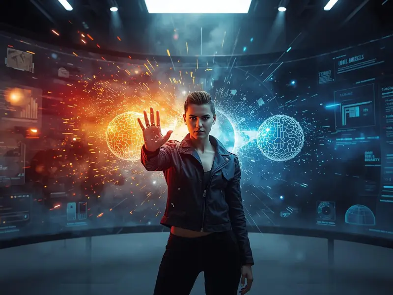 Professional designer dramatically switching between legacy and modern AI models in a high-energy cinematic holographic studio scene.