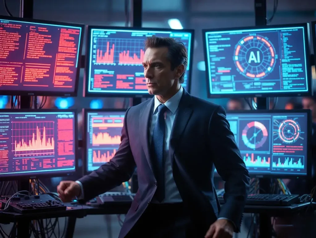 Strategic edge visualized through high-tech AI tools for marketing in an energetic command center.