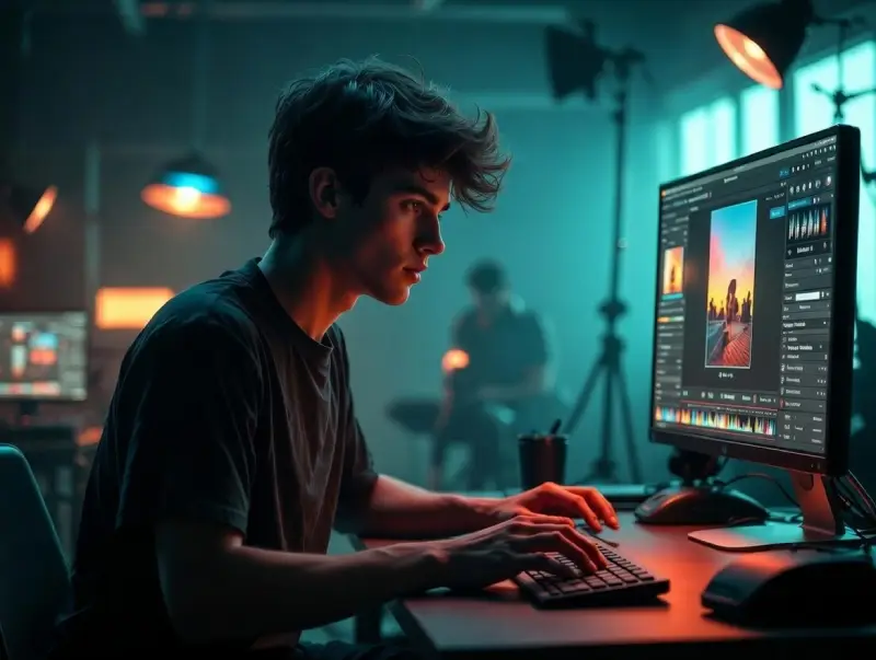 Photographer mastering AI photo editing workflows in dramatic modern studio
