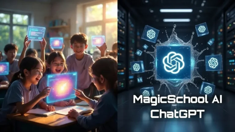 Epic cover for MagicSchool AI vs ChatGPT comparison, showing split AI worlds in vibrant cinematic style.