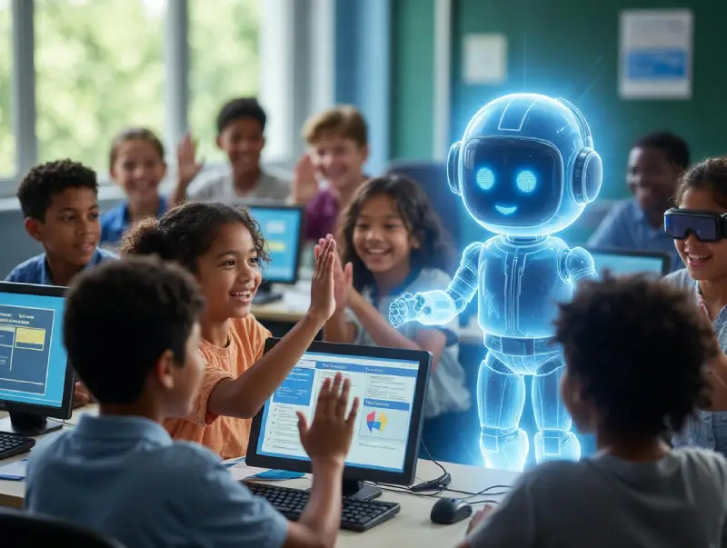 Safe AI learning with Raina in MagicSchool AI, vibrant classroom action under natural light.